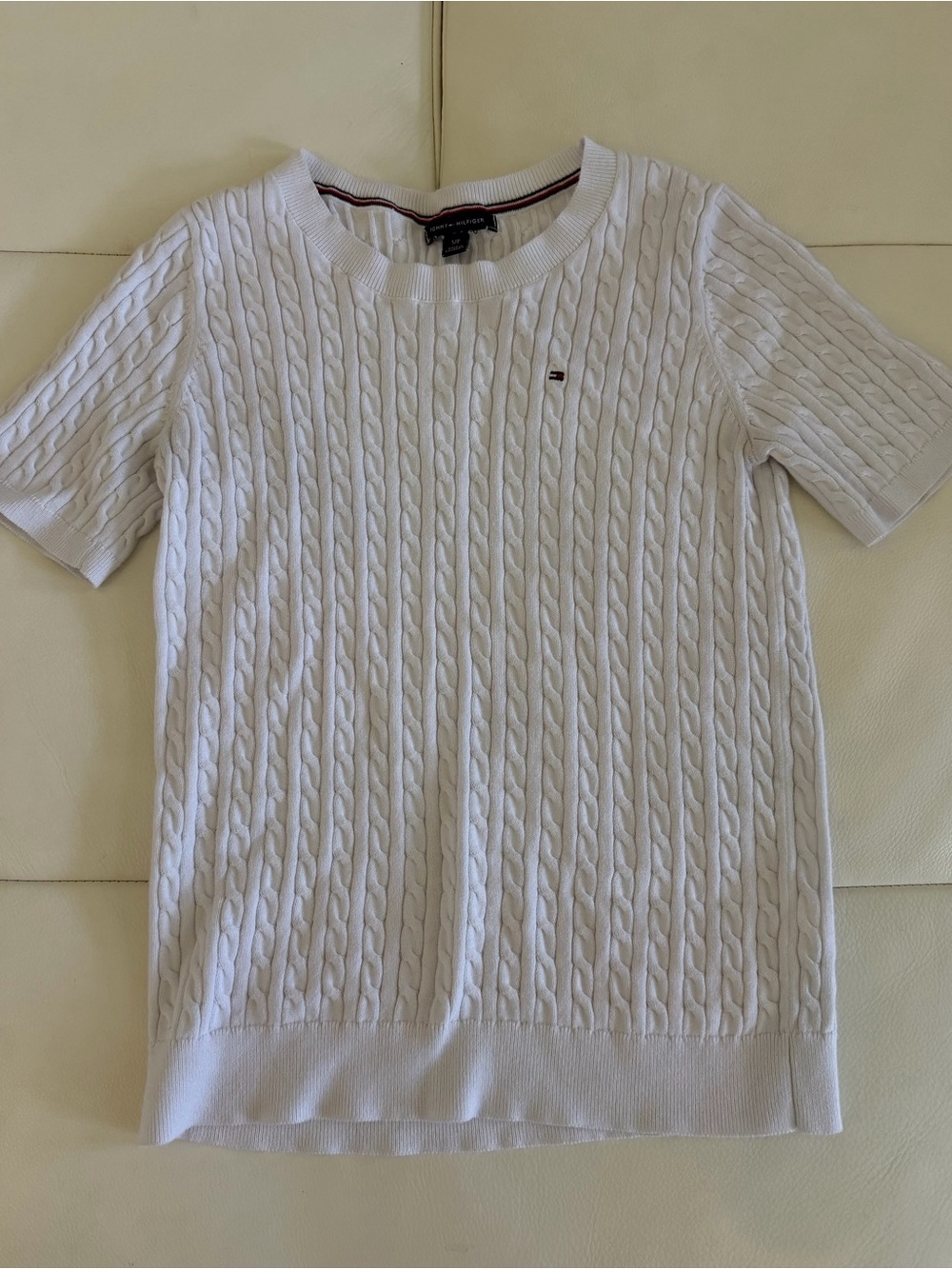 Tommy Hilfiger White Cable-Knit Short Sleeve Crew Sweater